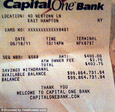 In the Black: The receipt shows a very healthy bank balance, but the owner still has to stump up the $2.75 charge